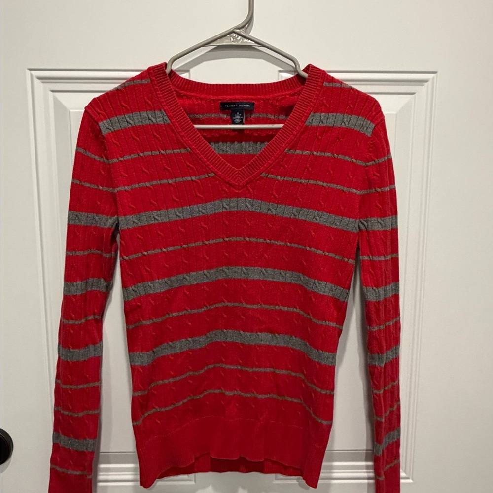 Tommy Hilfiger Red and Gray Striped Sweater ❤️